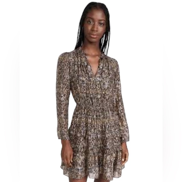 Ba&sh glen mini dress tiered skirt silk blend metallic long sleeve leaf print xs - Picture 5 of 15